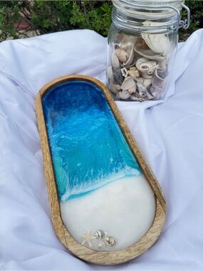 Handmade Ocean Resin Beach Tray - Blue and White